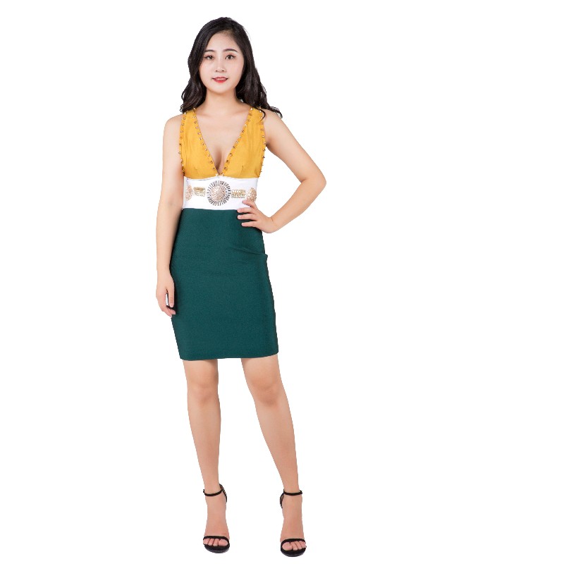 V-Neck Heavy Industry Hand-Stitched Beaded Bandaged Skirt